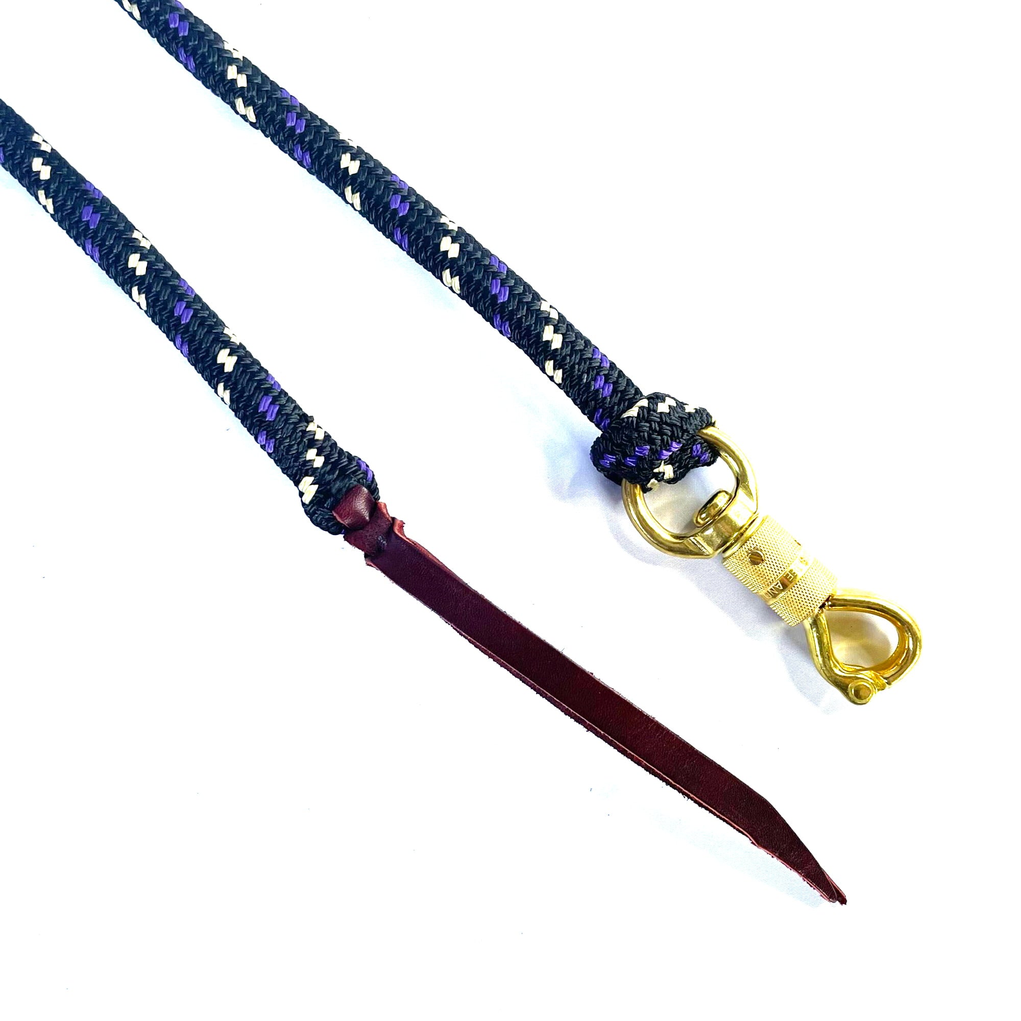 12mm diameter braid on braid black purple tan fleck lead rope with brass swivel snap and leather popper on opposite end