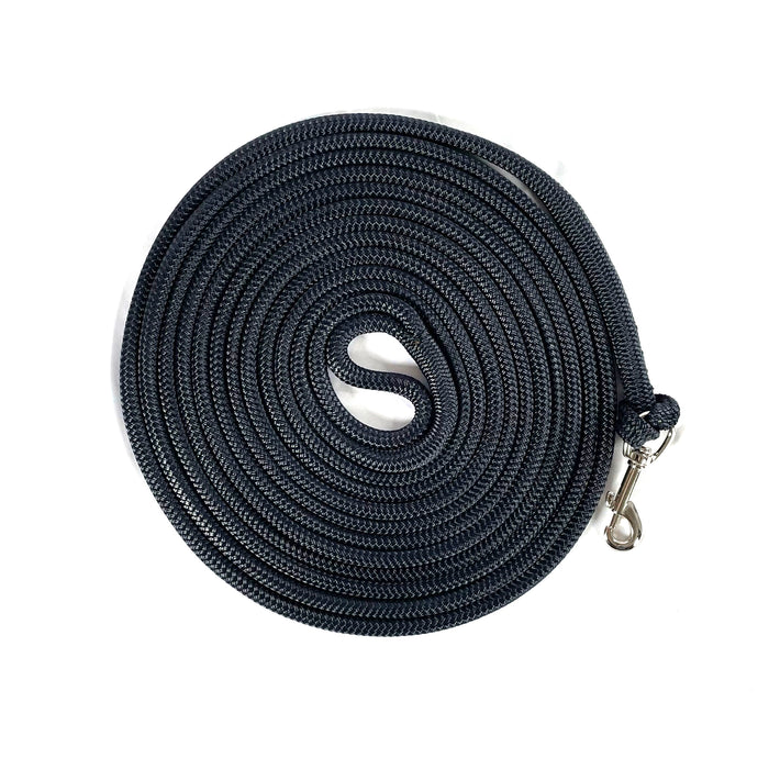 10mm diameter rope lunge line black with hand loop at one end and light weight clip at other end