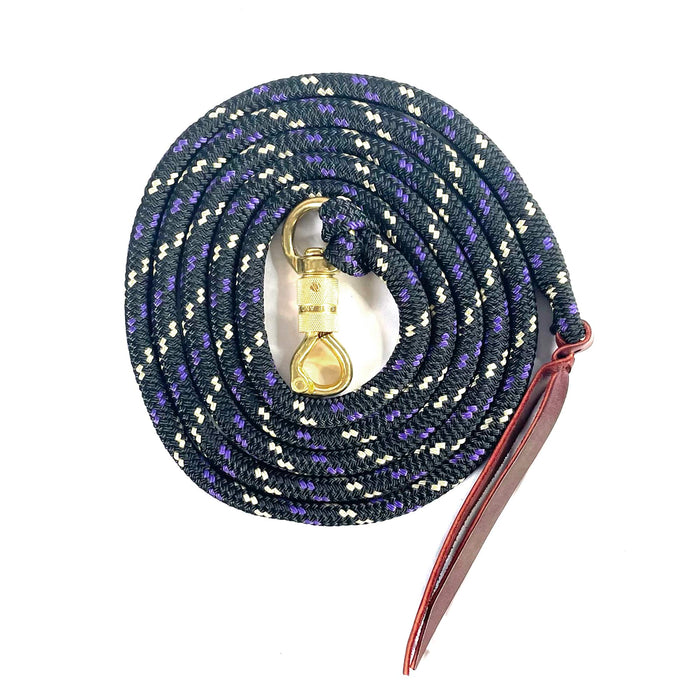 12mm diameter braid on braid lead rope  black with purple and tan fleck with brass snap and leather popper