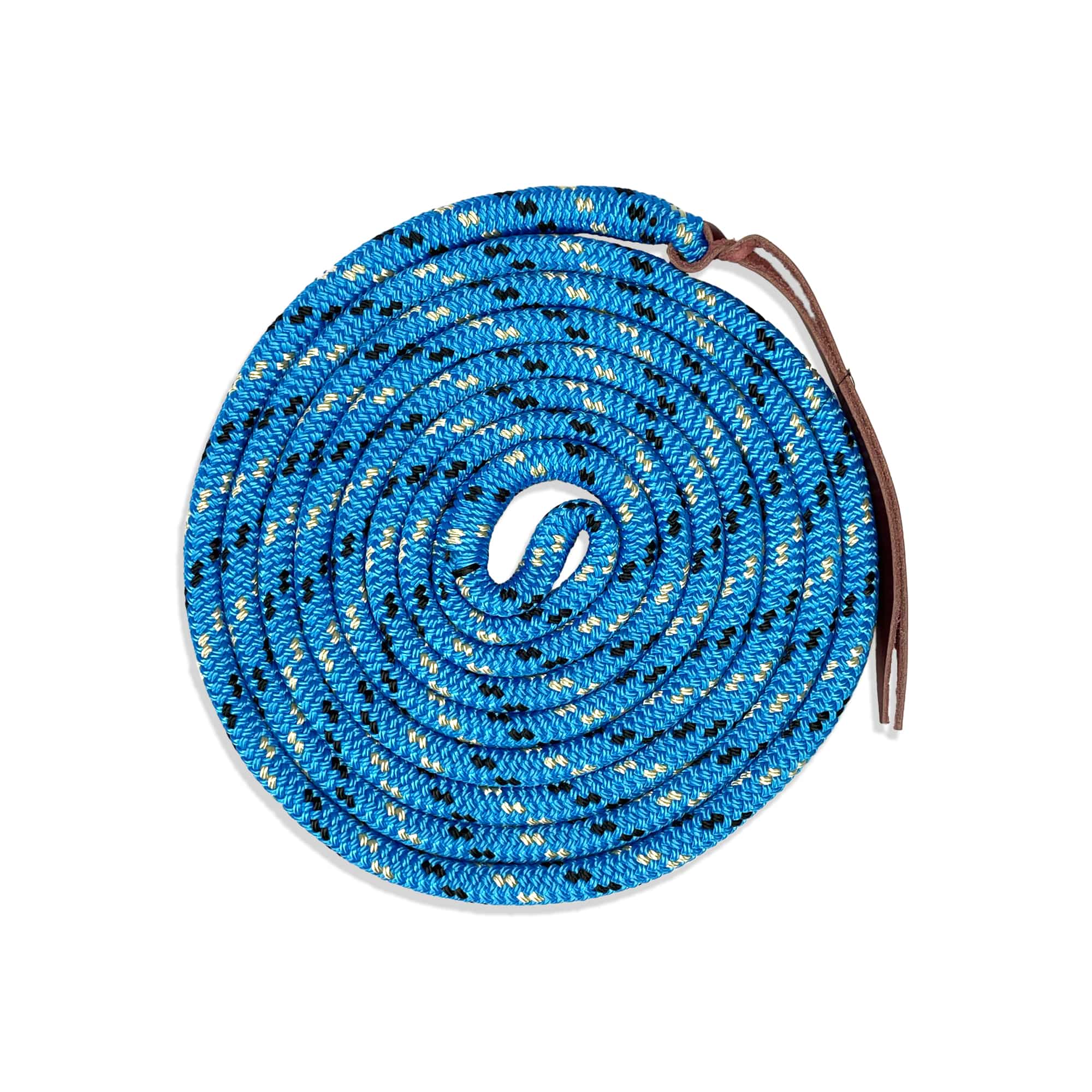 Blue black tan fleck 12ft lead rope with loop attachment and leather popper