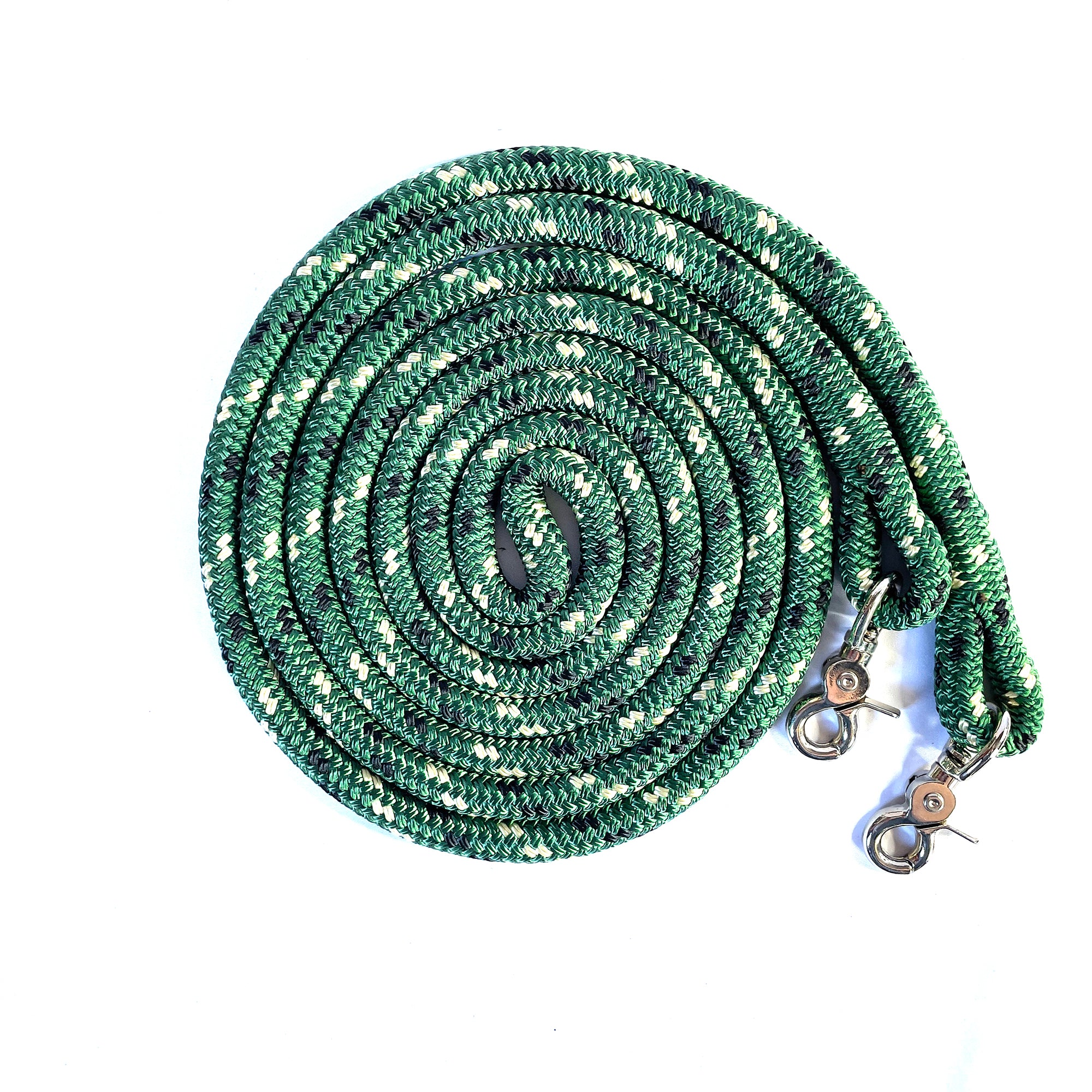 Total Horsemanship Clip on/finesse rope reins green with black and tan fleck